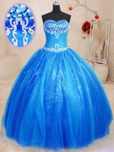 Royal Blue Ball Gowns Beading and Appliques Sweet 16 Dress Lace Up Tulle and Sequined Sleeveless Floor Length