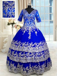 Popular Royal Blue Satin and Tulle Zipper Quinceanera Gowns Half Sleeves Floor Length Appliques and Ruffled Layers