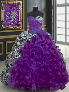Captivating Organza and Printed Sweetheart Sleeveless Brush Train Lace Up Beading and Ruffles and Pattern Sweet 16 Dress in Purple