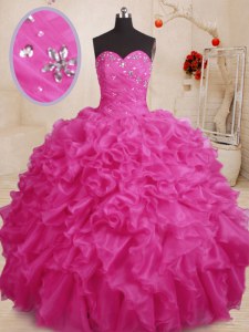 Romantic Hot Pink Ball Gowns Organza Sweetheart Sleeveless Beading and Ruffles Floor Length Lace Up 15 Quinceanera Dress