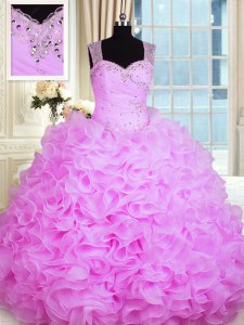 Fashionable Rose Pink Sleeveless Floor Length Beading and Ruffles Zipper Sweet 16 Dress