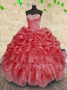 Sleeveless Floor Length Beading and Appliques and Ruffles and Ruching Lace Up 15th Birthday Dress with Coral Red