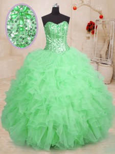 Trendy Green Sleeveless Floor Length Beading and Ruffles Lace Up Sweet 16 Dresses