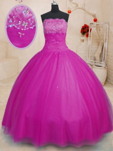 Tulle Strapless Sleeveless Lace Up Beading Quinceanera Dress in Fuchsia
