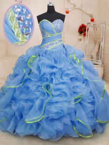 Delicate Blue Quinceanera Dresses Military Ball and Sweet 16 and Quinceanera and For with Beading and Ruffles Sweetheart Sleeveless Brush Train Lace Up
