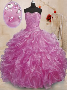 Beautiful Lilac Ball Gowns Beading and Ruffles Vestidos de Quinceanera Lace Up Organza Sleeveless Floor Length