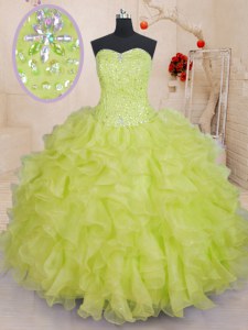 Perfect Yellow Green Ball Gowns Beading and Ruffles 15th Birthday Dress Lace Up Organza Sleeveless Floor Length
