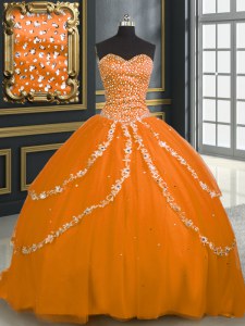 Orange Tulle Lace Up Sweetheart Sleeveless With Train Sweet 16 Dresses Brush Train Beading and Appliques
