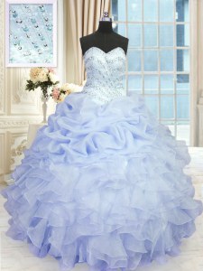 Lavender Organza Lace Up Sweet 16 Quinceanera Dress Sleeveless Floor Length Beading and Ruffles