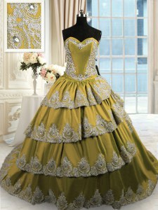 Custom Fit With Train Lace Up Ball Gown Prom Dress Olive Green for Military Ball and Sweet 16 and Quinceanera with Beading and Appliques and Ruffled Layers