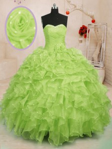 Nice Yellow Green Ball Gowns Organza Sweetheart Sleeveless Beading and Ruffles and Hand Made Flower Floor Length Lace Up Sweet 16 Quinceanera Dress