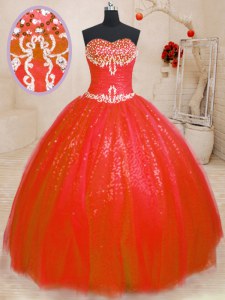Luxurious Ball Gowns Quinceanera Dresses Red Sweetheart Tulle and Sequined Sleeveless Floor Length Lace Up