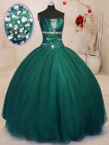 Luxury Dark Green Tulle Lace Up Strapless Sleeveless Floor Length Quinceanera Gowns Beading