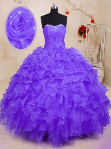 Edgy Purple Sweetheart Neckline Beading and Ruffles and Hand Made Flower 15th Birthday Dress Sleeveless Lace Up
