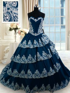 Fitting Sweetheart Sleeveless 15 Quinceanera Dress With Train Court Train Beading and Appliques and Ruffled Layers Navy Blue Taffeta