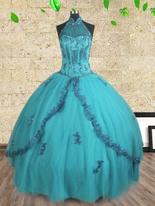 Vintage Tulle Halter Top Sleeveless Lace Up Beading Ball Gown Prom Dress in Teal