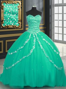 Glorious Turquoise Lace Up Vestidos de Quinceanera Beading and Appliques Sleeveless With Brush Train