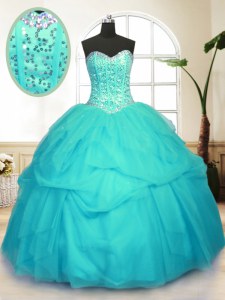 Tulle Sweetheart Sleeveless Lace Up Sequins and Pick Ups Sweet 16 Dress in Aqua Blue