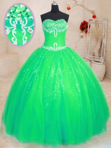 Green Tulle and Sequined Lace Up Sweetheart Sleeveless Floor Length 15th Birthday Dress Beading
