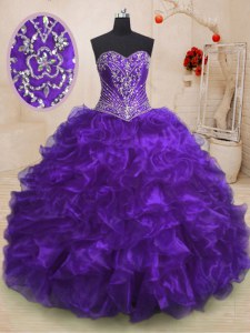Admirable Sleeveless Organza With Train Sweep Train Lace Up 15 Quinceanera Dress in Purple with Beading and Ruffles