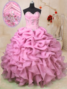 Baby Pink Sweetheart Neckline Beading and Ruffles and Pick Ups Sweet 16 Dress Sleeveless Lace Up