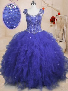 Cap Sleeves Tulle Floor Length Lace Up 15 Quinceanera Dress in Royal Blue with Beading and Ruffles and Sequins