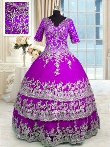 Shining Half Sleeves Satin and Tulle Floor Length Zipper Sweet 16 Quinceanera Dress in Purple with Appliques and Ruffled Layers