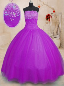 Stylish Purple Ball Gowns Strapless Sleeveless Tulle Floor Length Lace Up Beading Sweet 16 Dresses