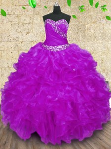 Discount Halter Top Sleeveless 15th Birthday Dress Floor Length Beading and Ruffles and Ruching Purple Organza