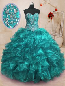 Romantic Beading and Ruffles Quinceanera Dresses Teal Lace Up Sleeveless With Train Sweep Train