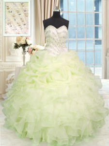 Sleeveless Organza Floor Length Lace Up Sweet 16 Dress in Light Yellow with Beading and Ruffles