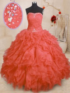 Adorable Orange Red Strapless Neckline Beading and Ruffles and Ruching 15th Birthday Dress Sleeveless Lace Up