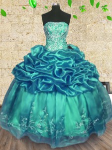 Vintage Turquoise Ball Gowns Beading and Ruffles Sweet 16 Dress Lace Up Organza and Taffeta Sleeveless Floor Length