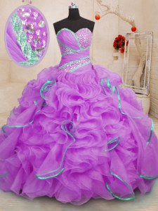 Pretty Sleeveless Organza With Brush Train Lace Up Quinceanera Dress in Lilac with Beading and Ruffles