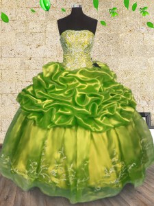 Olive Green Strapless Neckline Beading and Embroidery Quinceanera Gowns Sleeveless Lace Up