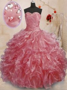 Beading and Ruffles Quince Ball Gowns Watermelon Red Lace Up Sleeveless Floor Length