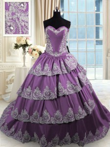 Decent Sleeveless Lace Up With Train Beading and Appliques and Ruffled Layers Quinceanera Dress