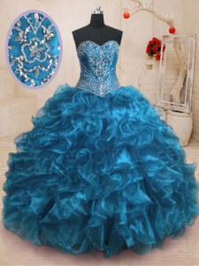 Romantic Sweep Train Ball Gowns Vestidos de Quinceanera Blue Sweetheart Organza Sleeveless With Train Lace Up