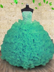Luxurious Floor Length Turquoise Sweet 16 Quinceanera Dress Organza Sleeveless Beading and Ruffles