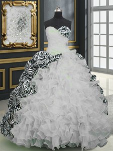 White Ball Gowns Organza and Printed Sweetheart Sleeveless Beading and Ruffles and Pattern With Train Lace Up Quince Ball Gowns Brush Train