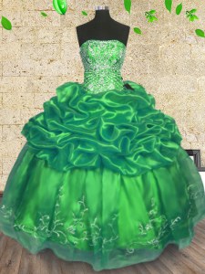 Custom Fit Sleeveless Organza Floor Length Lace Up 15th Birthday Dress in Green with Beading and Embroidery