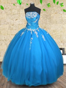 Blue Ball Gowns Tulle Strapless Sleeveless Appliques and Ruching Floor Length Lace Up Sweet 16 Dresses
