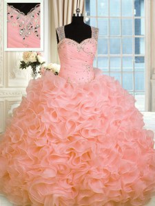 Organza Straps Sleeveless Zipper Beading and Ruffles Quinceanera Gown in Watermelon Red