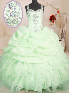 Floor Length Yellow Green Quinceanera Dresses Organza Sleeveless Beading and Ruffles and Pick Ups