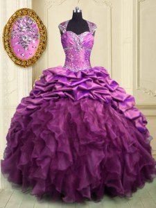 Delicate Lilac Lace Up Vestidos de Quinceanera Beading and Ruffles and Ruffled Layers and Pick Ups Cap Sleeves With Brush Train