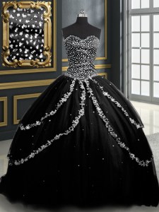 Noble Sleeveless Tulle With Brush Train Lace Up Quinceanera Dress in Black with Beading and Appliques