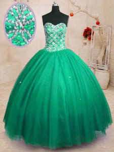 Super Tulle Sweetheart Sleeveless Lace Up Beading Quinceanera Gown in Dark Green
