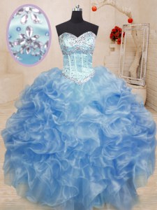 Luxury Sleeveless Organza Floor Length Lace Up Sweet 16 Quinceanera Dress in Light Blue with Beading and Ruffles