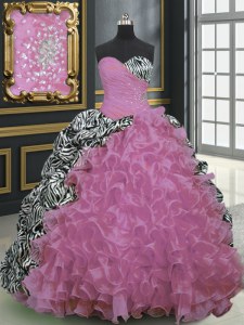 Most Popular Rose Pink Ball Gowns Beading and Ruffles and Pattern Quinceanera Dress Lace Up Organza and Printed Sleeveless With Train
