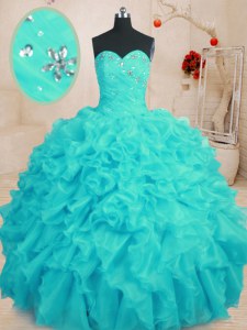 Colorful Aqua Blue Ball Gowns Organza Sweetheart Sleeveless Beading and Ruffles Floor Length Lace Up Ball Gown Prom Dress